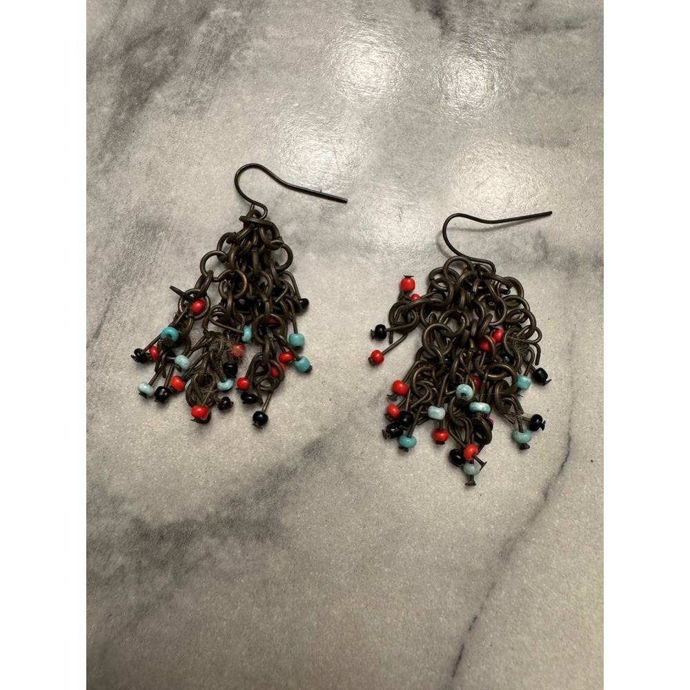 Boho Tiered Chain Chandelier Earrings Turquoise Red Black Seed Beads Bronze Tone
